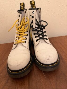 Dr. Martens White Leather Combat Boots with Yellow Stitching and Mixed Laces